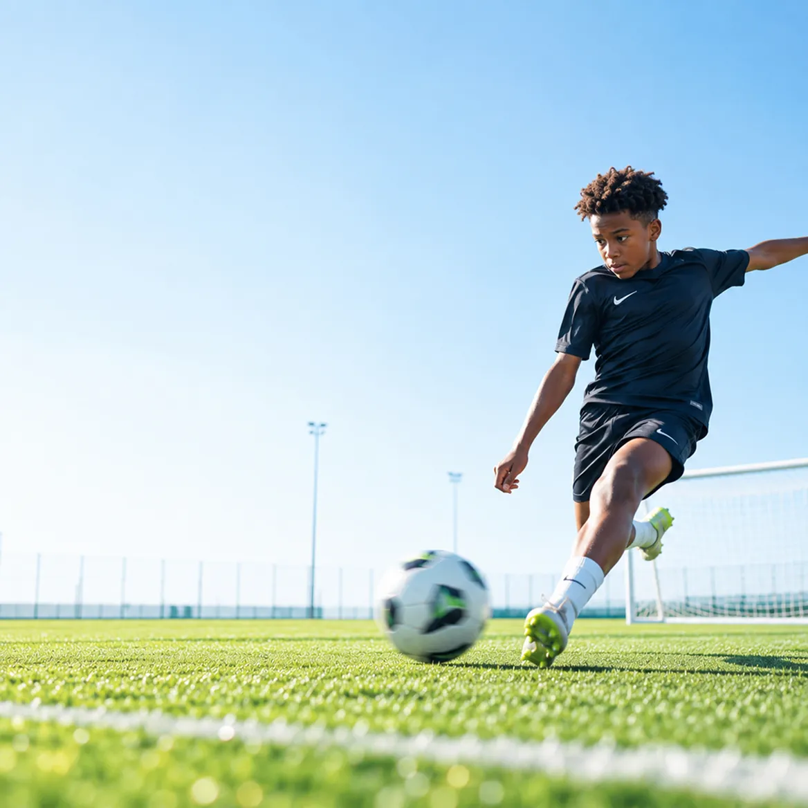 Young football player in a dark kit striking the ball on a sunny pitch