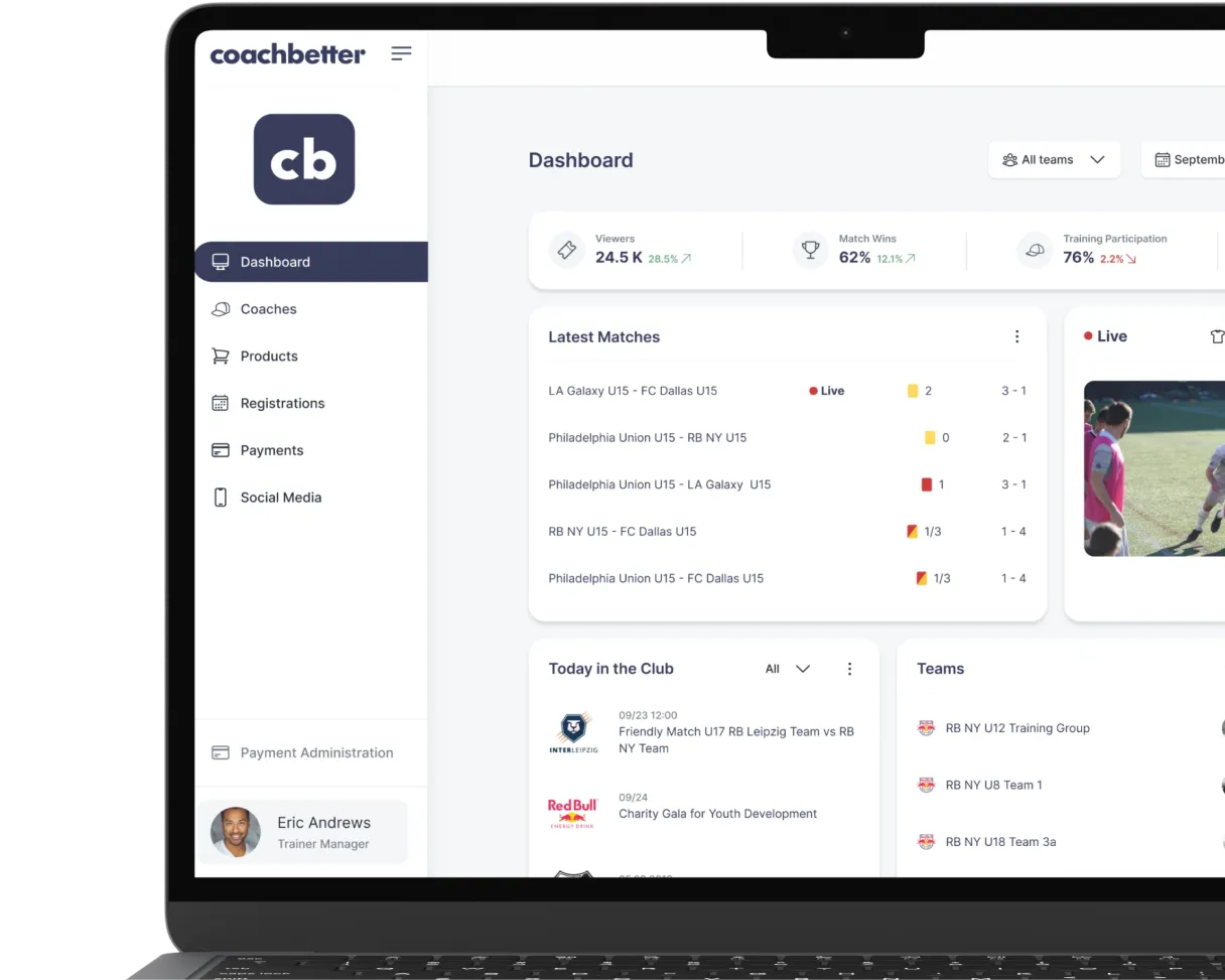 Laptop showing the Coachbetter dashboard with latest matches, teams and club navigation
