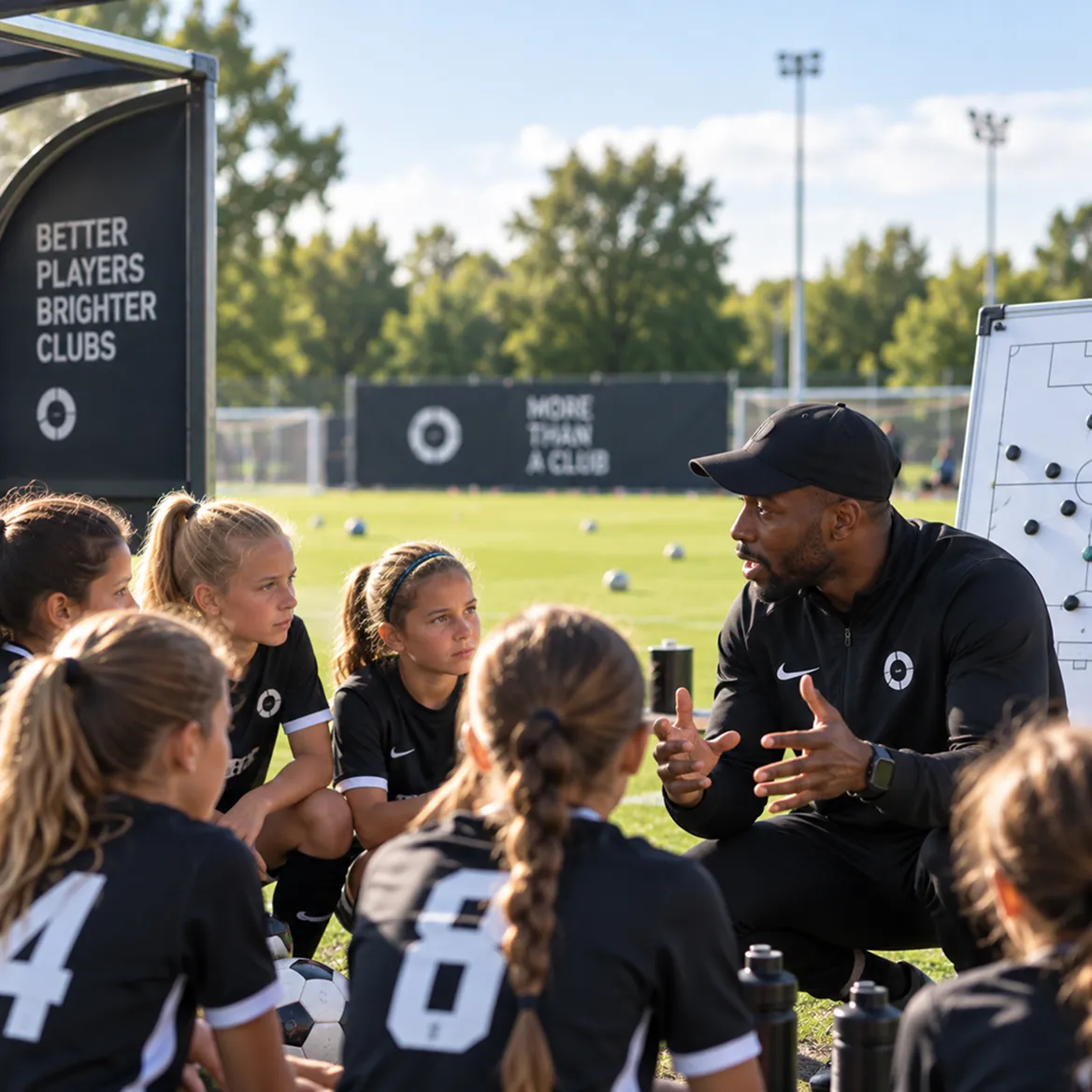 Youth girls team in black kits listening to their coach during a training session