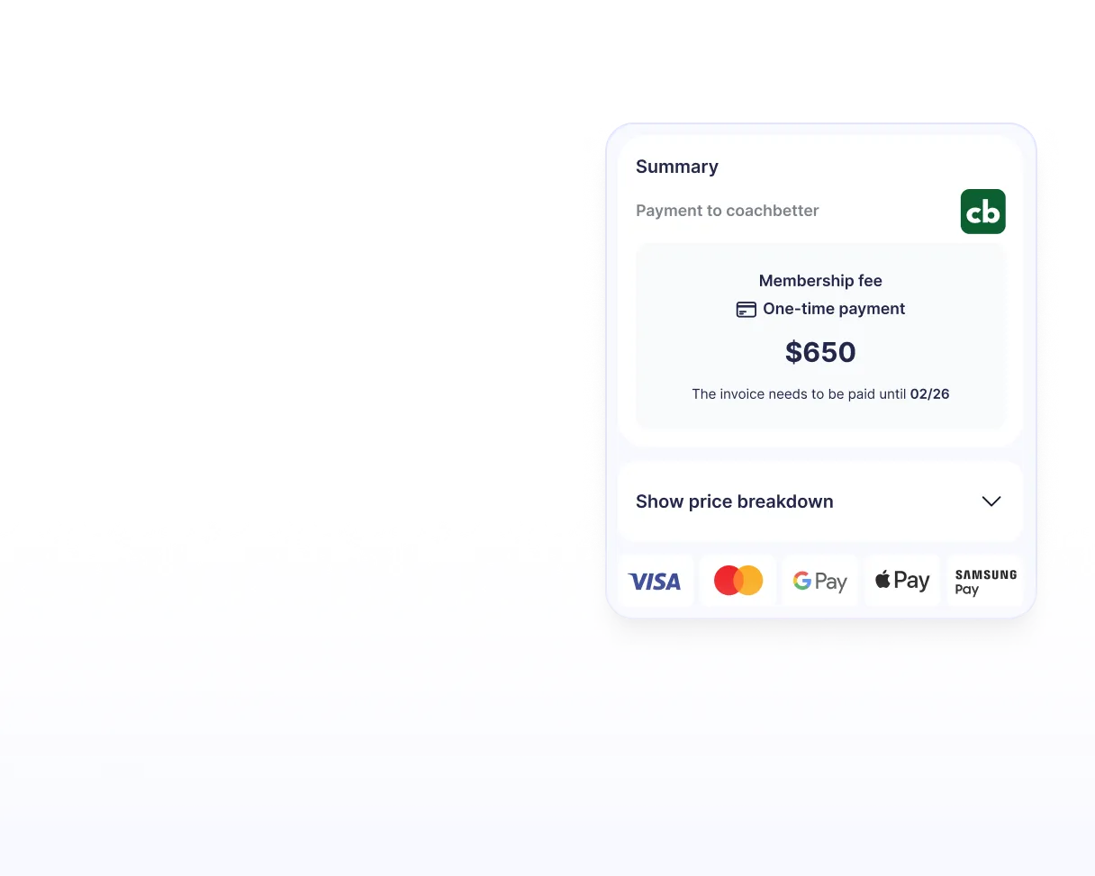Coachbetter payment summary card showing a $650 membership fee and accepted payment methods