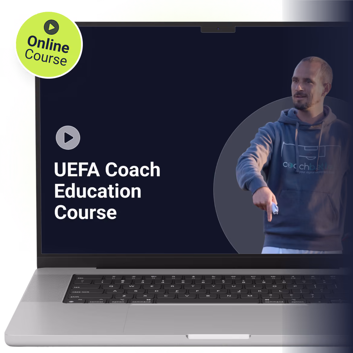 Laptop showing the UEFA Coach Education online course with an Online Course badge