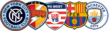Vereinswappen von coachbetter-Kunden, darunter New York City FC, US Youth Soccer PA West, der FC Barcelona und Manchester City