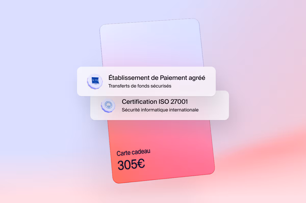 Carte cadeau de 305 euros avec labels d'Établissement de Paiement agréé et Certification ISO 27001 pour transferts sécurisés et sécurité informatique internationale.