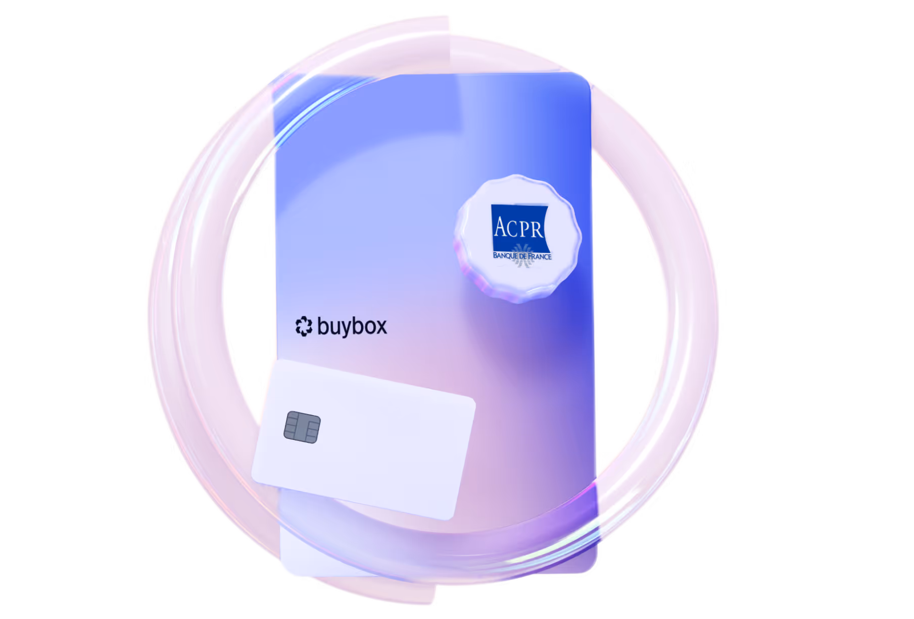 Carte bancaire blanche posée sur un téléphone portable bleu avec un sceau marqué ACPR, entouré d'un cercle lumineux rose.