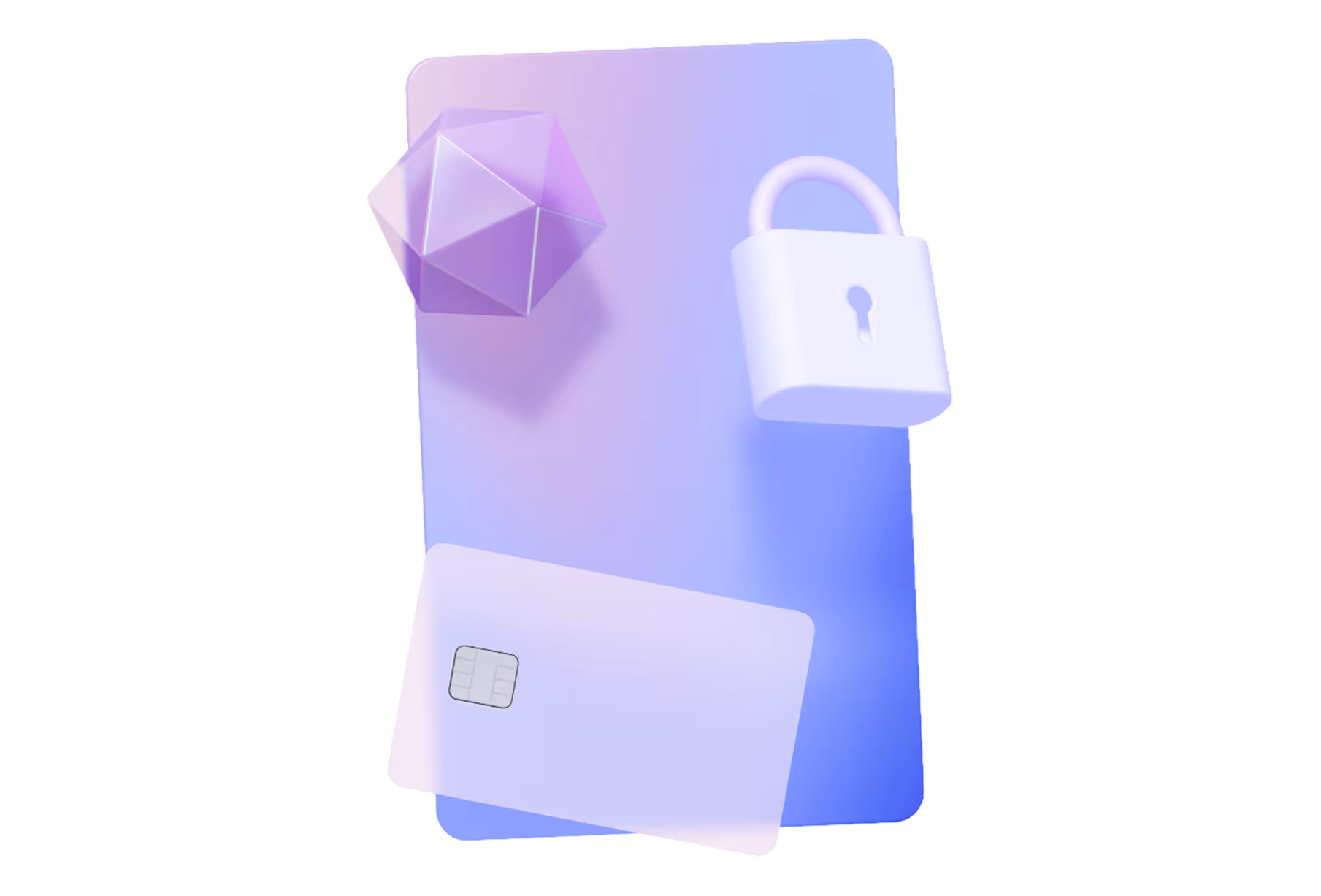 Illustration abstraite d'un téléphone portable bleu avec un verrou blanc, une carte de crédit et un polygone violet translucide, symbolisant la sécurité numérique.