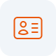 Orange icon of a contact card showing a person silhouette and lines representing text on a rounded square background.