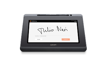 Wacom tablet displaying a digital signature interface with signature and buttons.