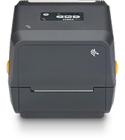 Compact Zebra label printer in dark gray with control panel on top and yellow side handles.