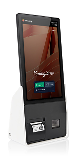Self-service kiosk with touchscreen displaying 'Buongiorno' and buttons for English and Spanish.