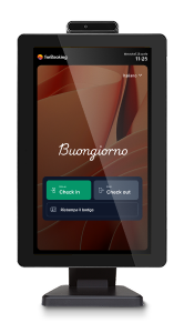 Touchscreen kiosk with Italian greeting 'Buongiorno' and check-in, check-out options displayed.