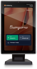 Tablet screen showing hotel app with Buongiorno greeting and options to check in or check out.