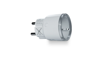 White smart plug adapter with European two-pin plug and socket on black background.