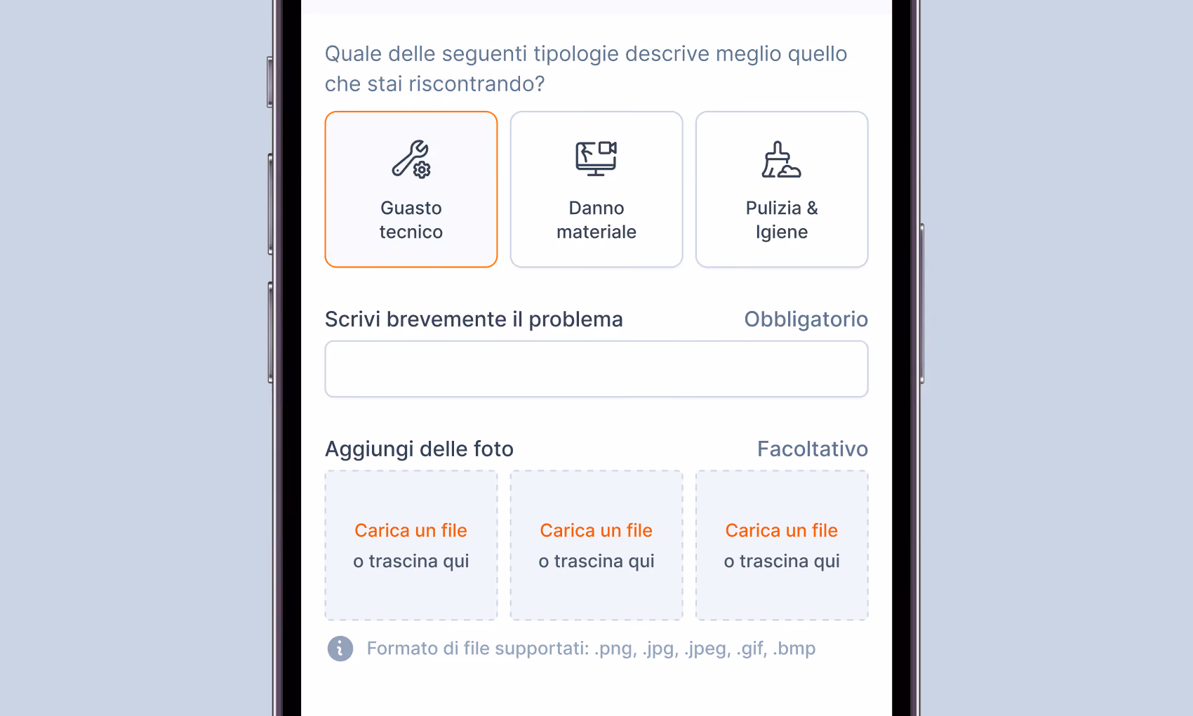 Mobile screen displaying a form asking which issue type best describes the problem: Technical fault, Material damage, or Cleaning & Hygiene, with an option to write a brief problem description and upload up to three optional photo files.