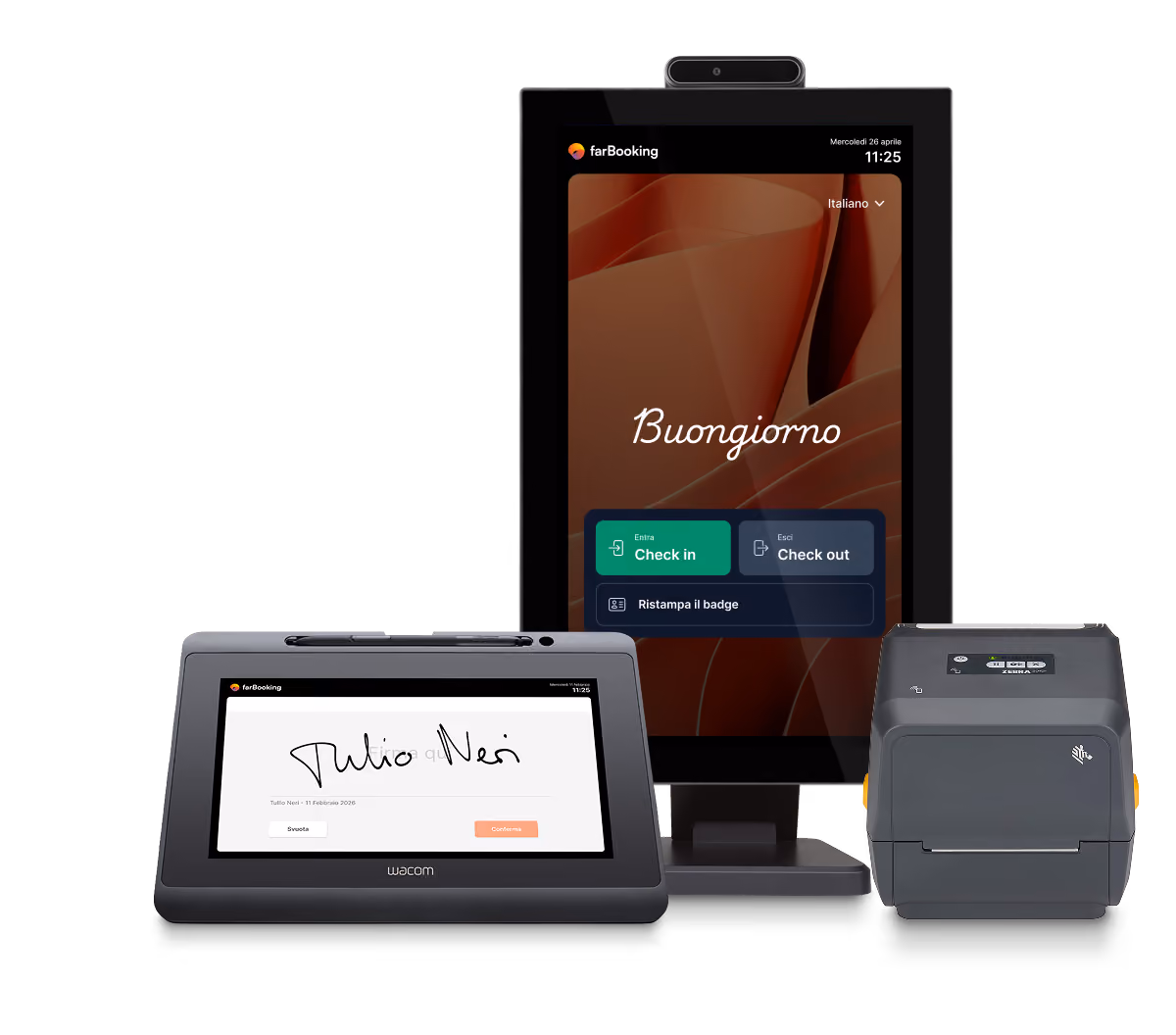 Dispositivo di check-in digitale con schermo verticale che mostra opzioni per check in, check out e ristampa badge, accanto a un tablet con firma digitale e una stampante di badge.