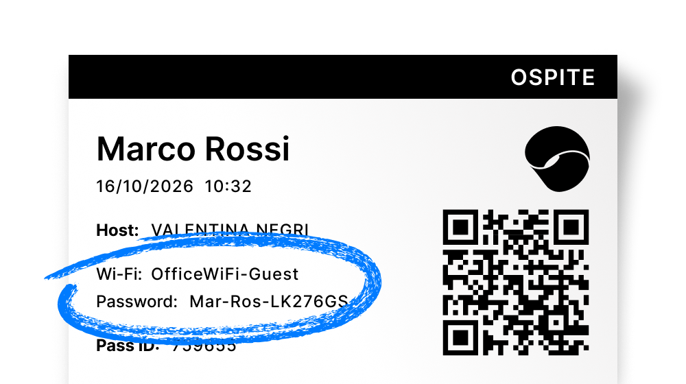 Badge ospite con il nome Marco Rossi, data 16/10/2026, ora 10:32, ospitante Valentina Negri, Wi-Fi OfficeWiFi-Guest, password evidenziata Mar-Ros-LK276GS, codice QR e logo aziendale.
