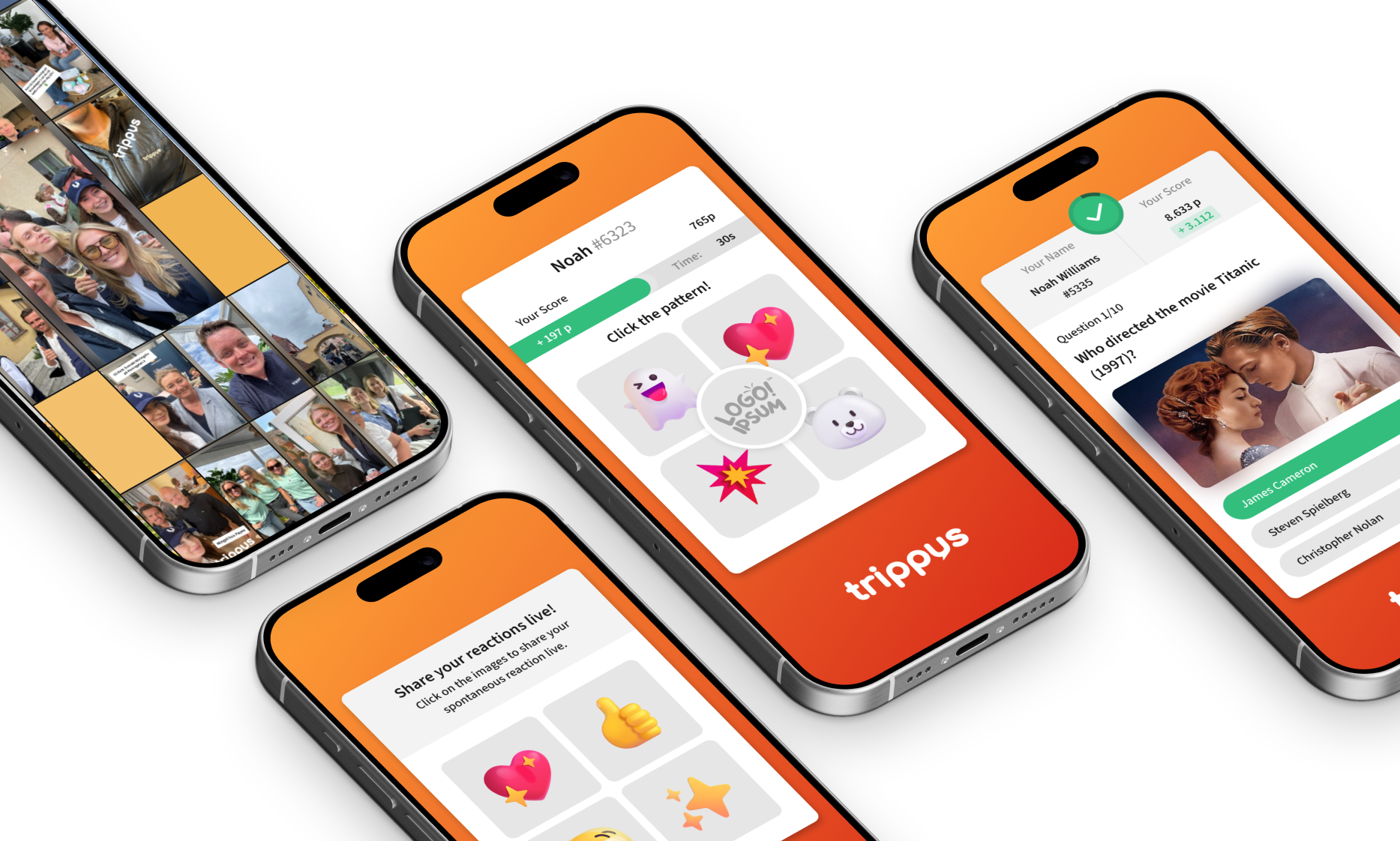 Fyra mobiltelefoner som visualiserar gamification i Trippus app.