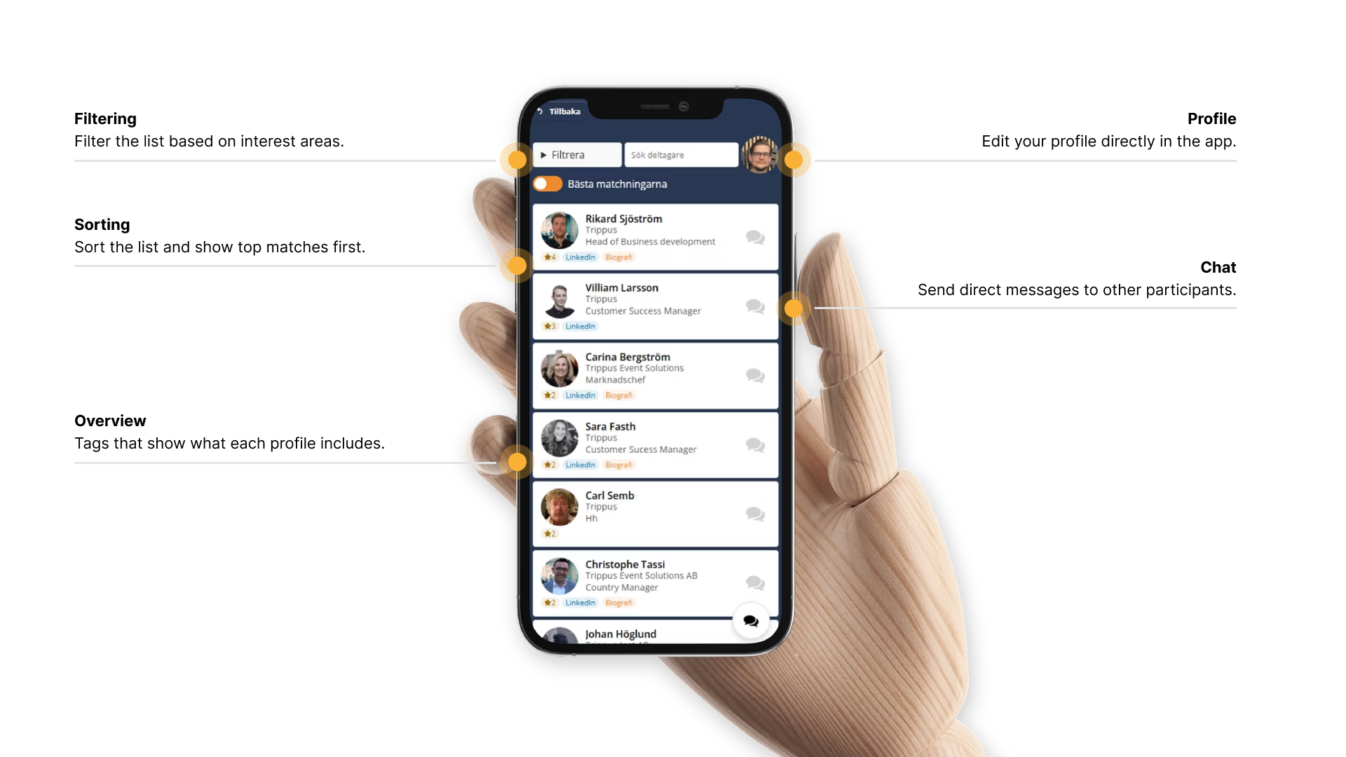 An app showing the participant list on a wooden hand