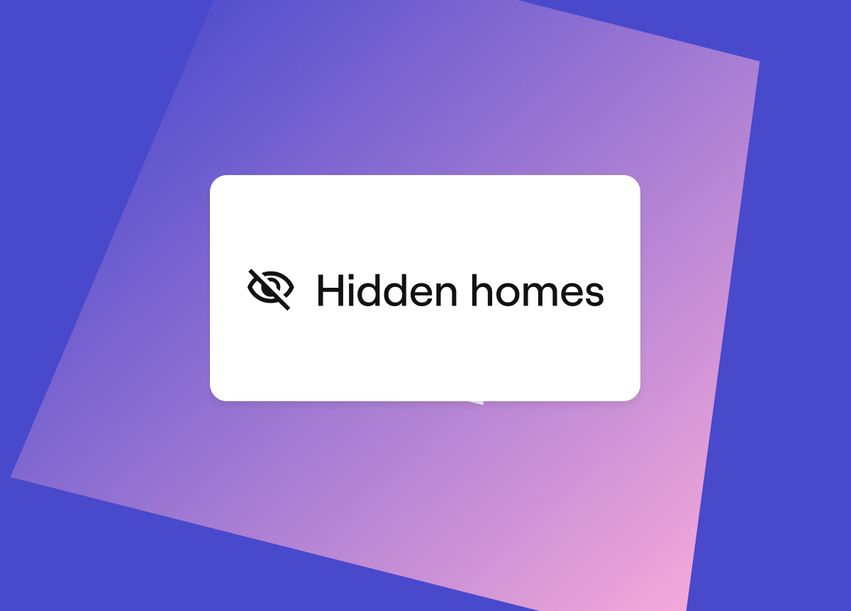 Hidden homes: an eye with a line through it, on a purple background
