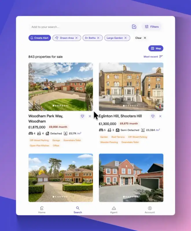 Hiding a home on Jitty: tapping the X next to Save fades the home out with an Undo button, in search results and on a property page