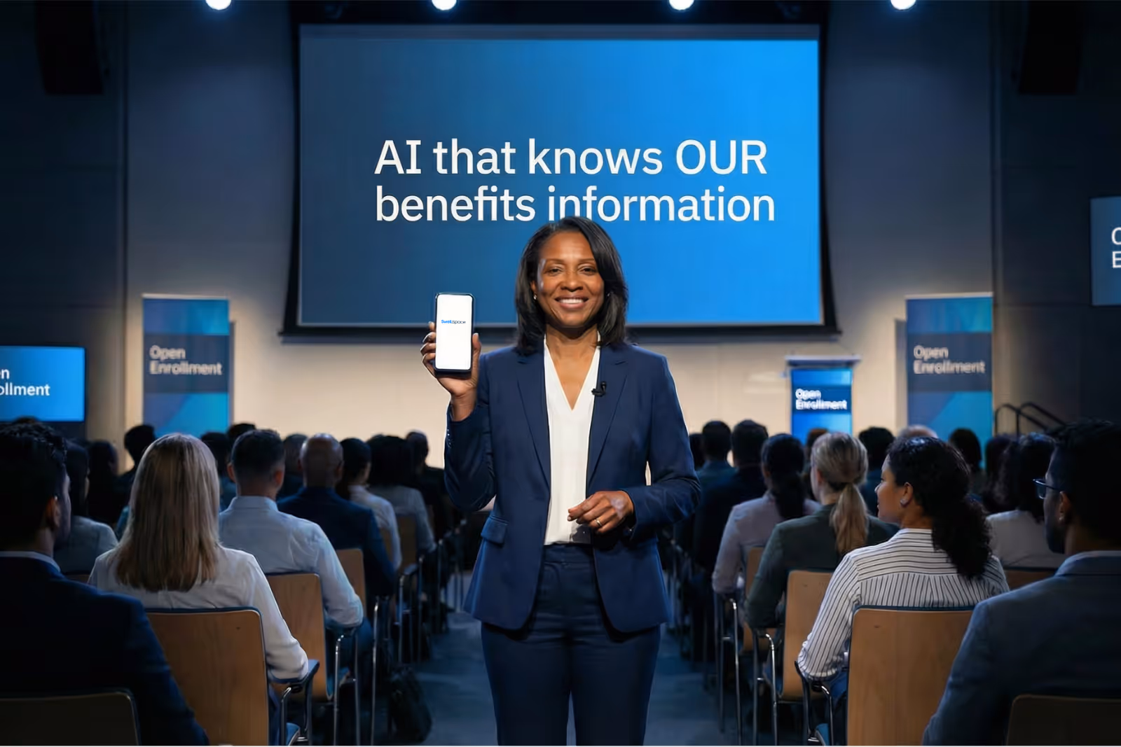 Smiling woman in a blue suit holds a smartphone displaying 'SmartSpace' while standing in front of an audience and a screen reading 'AI that knows OUR benefits information'.