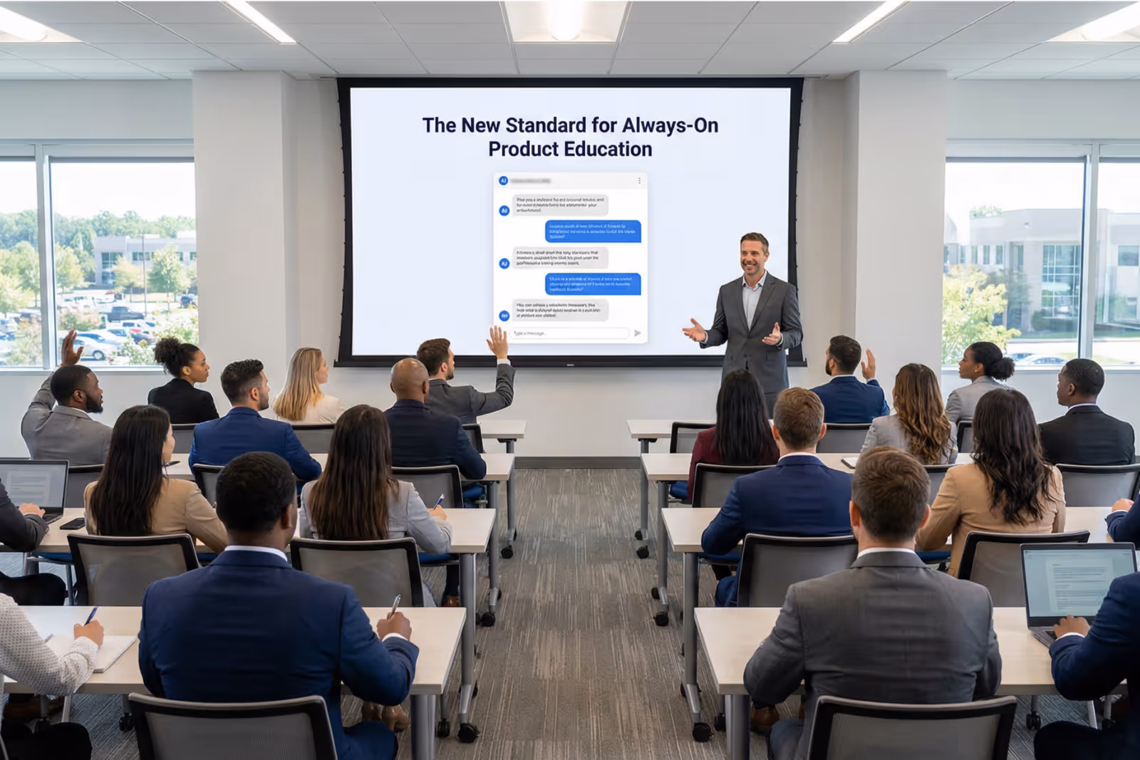 Professional trainer presenting a lecture to a diverse group of adults in a modern classroom with a screen displaying 'The New Standard for Always-On Product Education.'