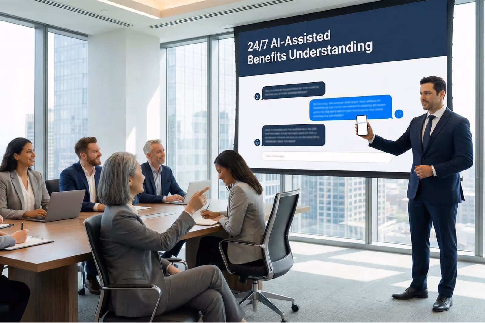 Businessman in a suit presenting AI-assisted benefits understanding on a large screen to a group of colleagues in a modern office conference room.