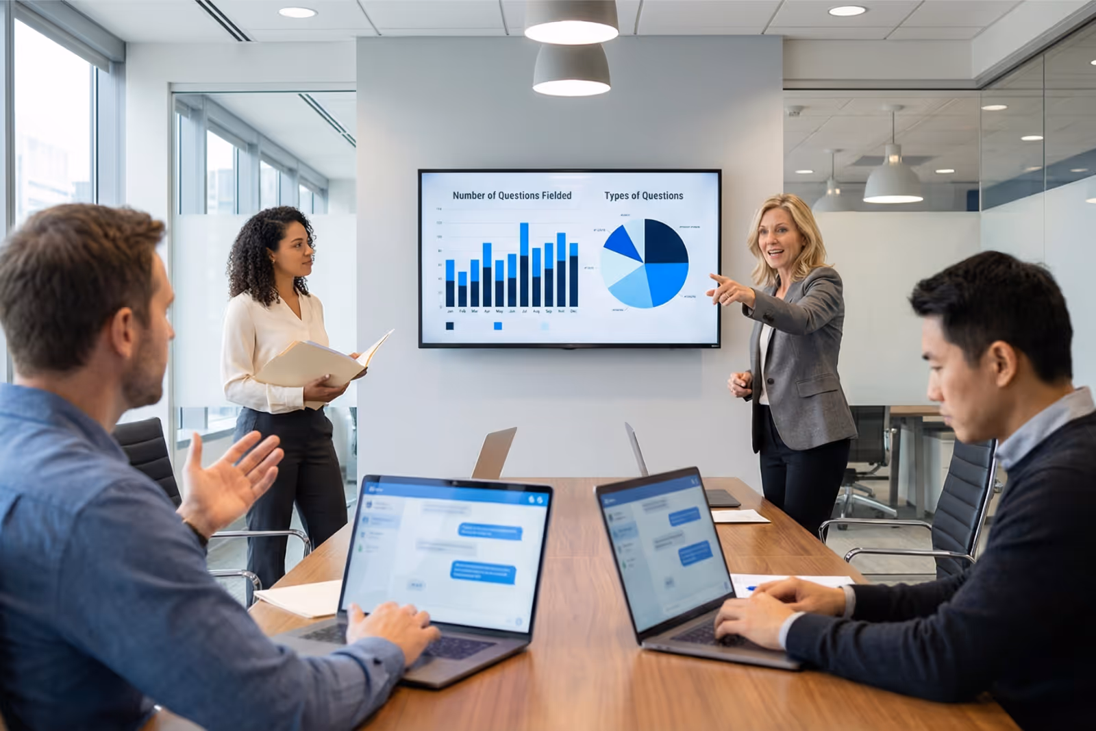 Business meeting in a modern conference room with two women presenting data charts on a wall screen and two men working on laptops at the table.