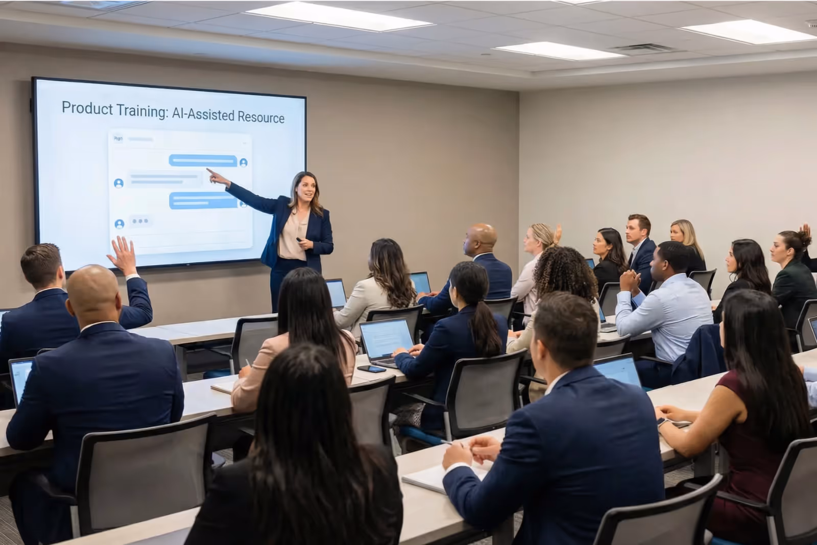 Woman in business attire giving a product training on AI-Assisted Resource to attentive office workers in a conference room, some raising hands.