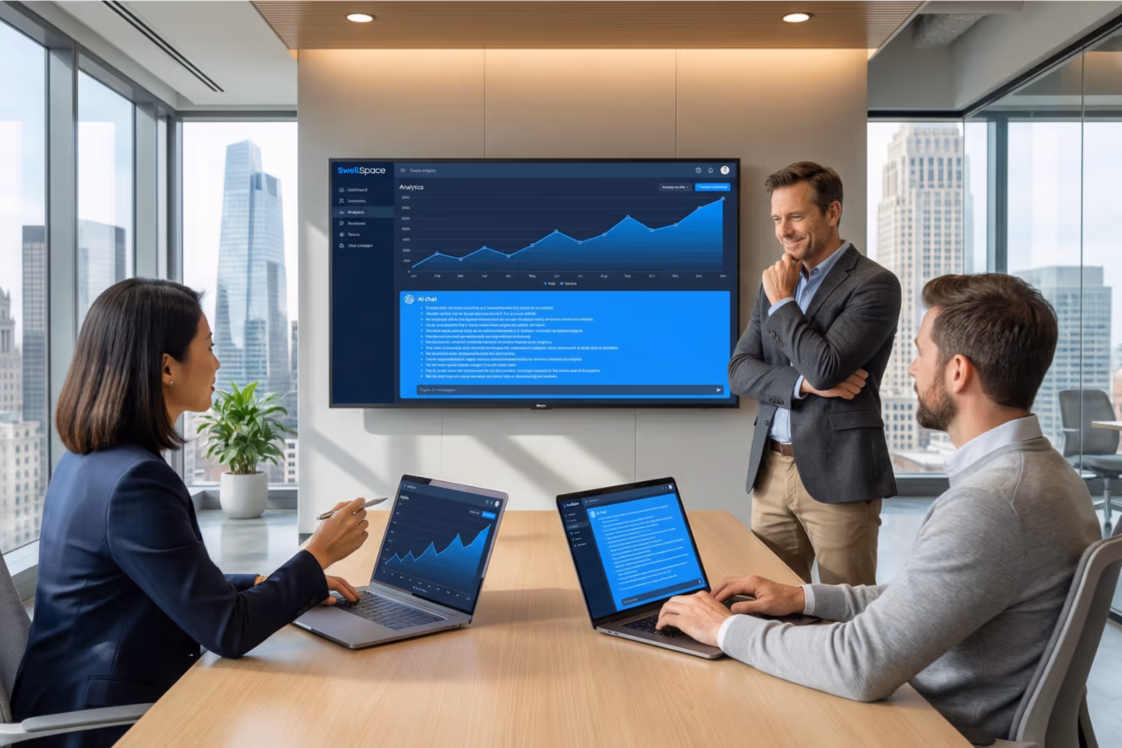 Three professionals in a modern office discussing data analytics displayed on laptops and a wall monitor.