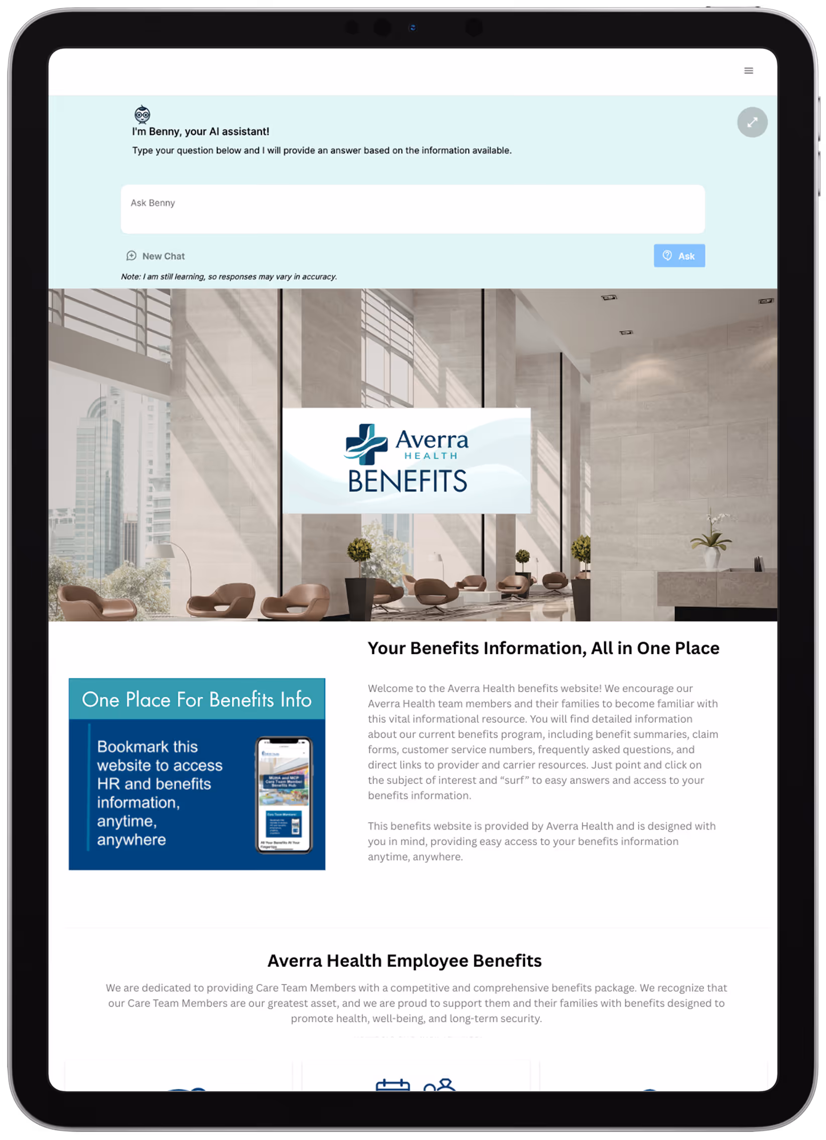 Tablet screen showing Averra Health Benefits webpage with sections on benefits info, employee benefits, new care team members, qualifying life events, and flexible spending accounts.