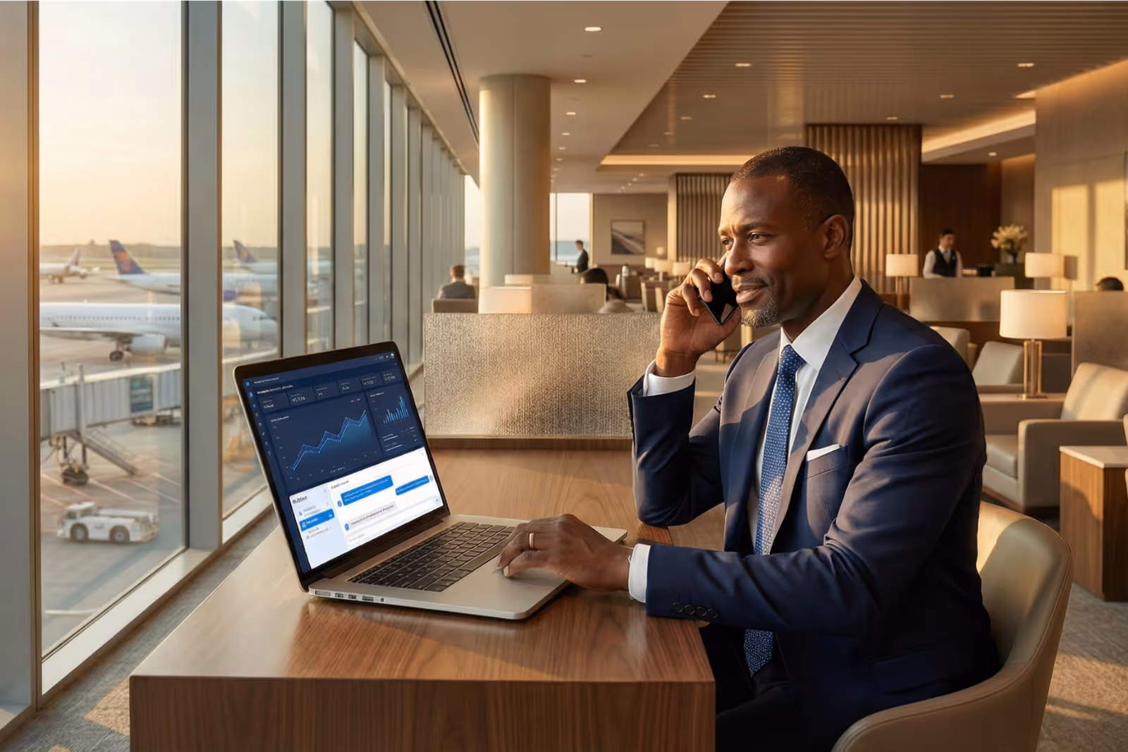 Businessman in a blue suit using a laptop and talking on a phone in an airport lounge with planes visible through large windows.