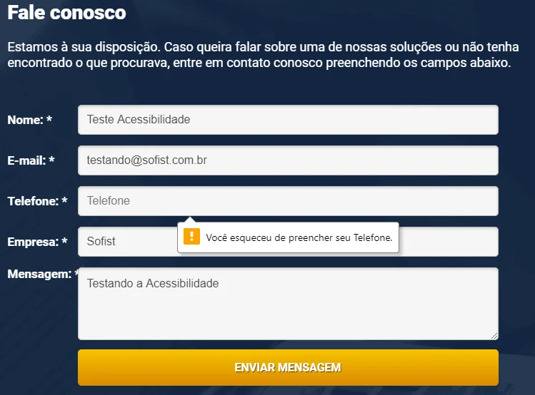 Formulário de contato da Sofist, com uma mensagem de erro indicando que o usuário esqueceu de preencher algum dos campos.