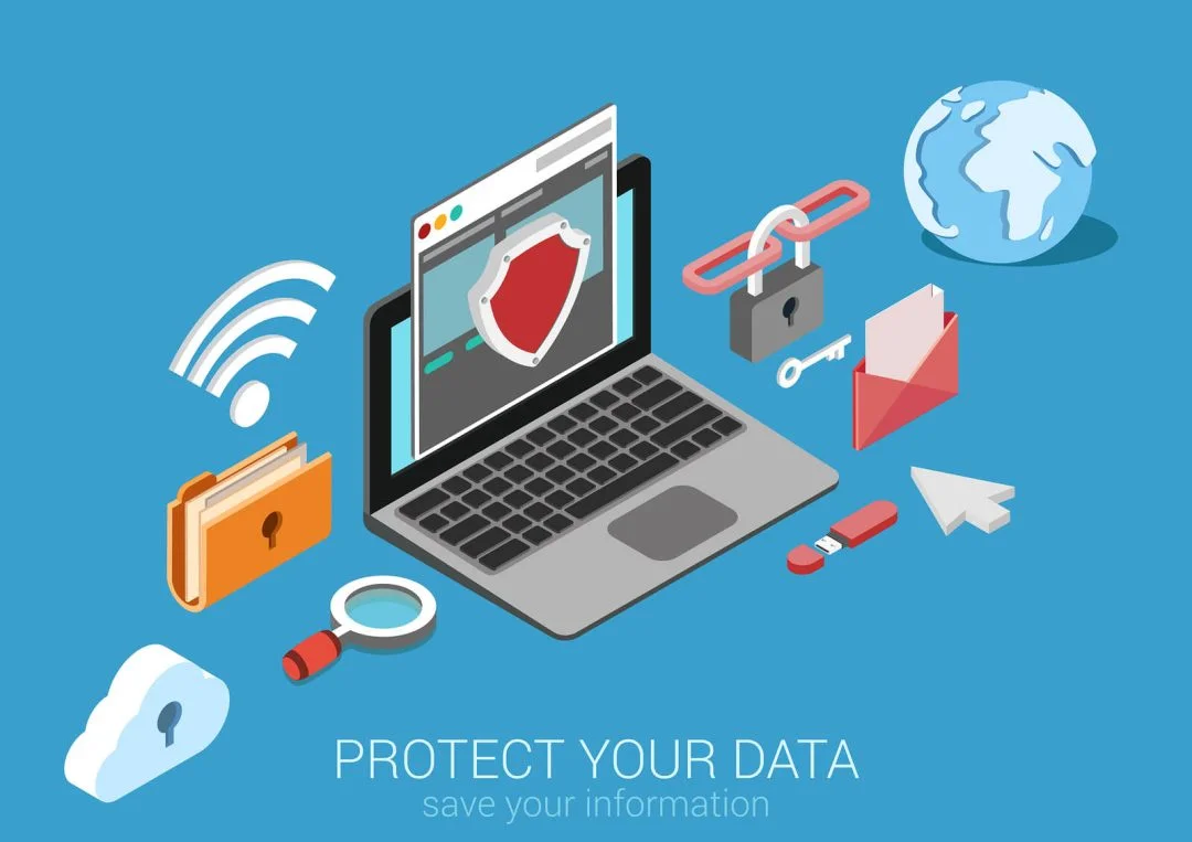 Flat 3d isometric data protection infographic concept vector