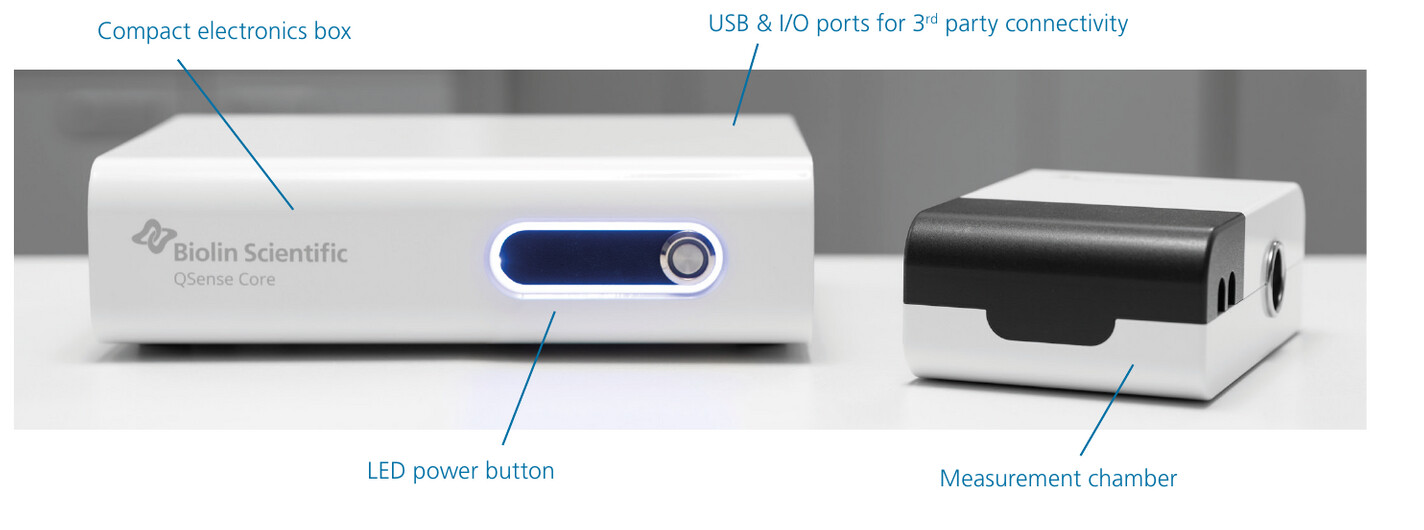QSense Core One bileşenleri: kompakt elektronik kutusu, LED güç düğmesi, USB ve I/O portları, ölçüm haznesi