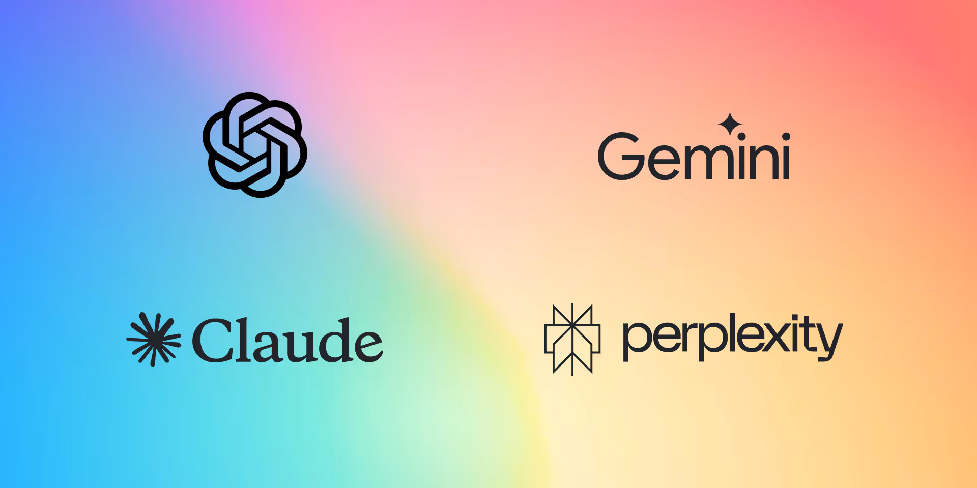 Logos of OpenAI, Gemini, Claude, and Perplexity are displayed on a pastel gradient background.