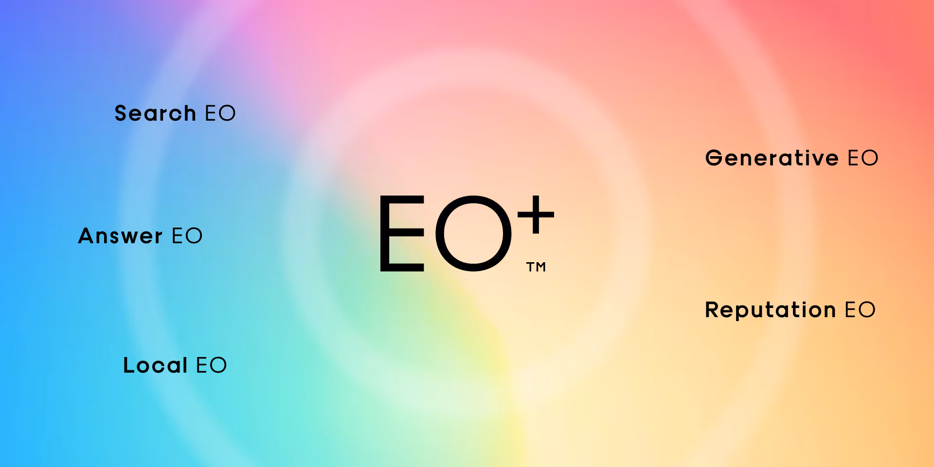 A colorful gradient background with "EO+" in the center and four labeled areas: Search EO, Answer EO, Local EO, Generative EO, Reputation EO.