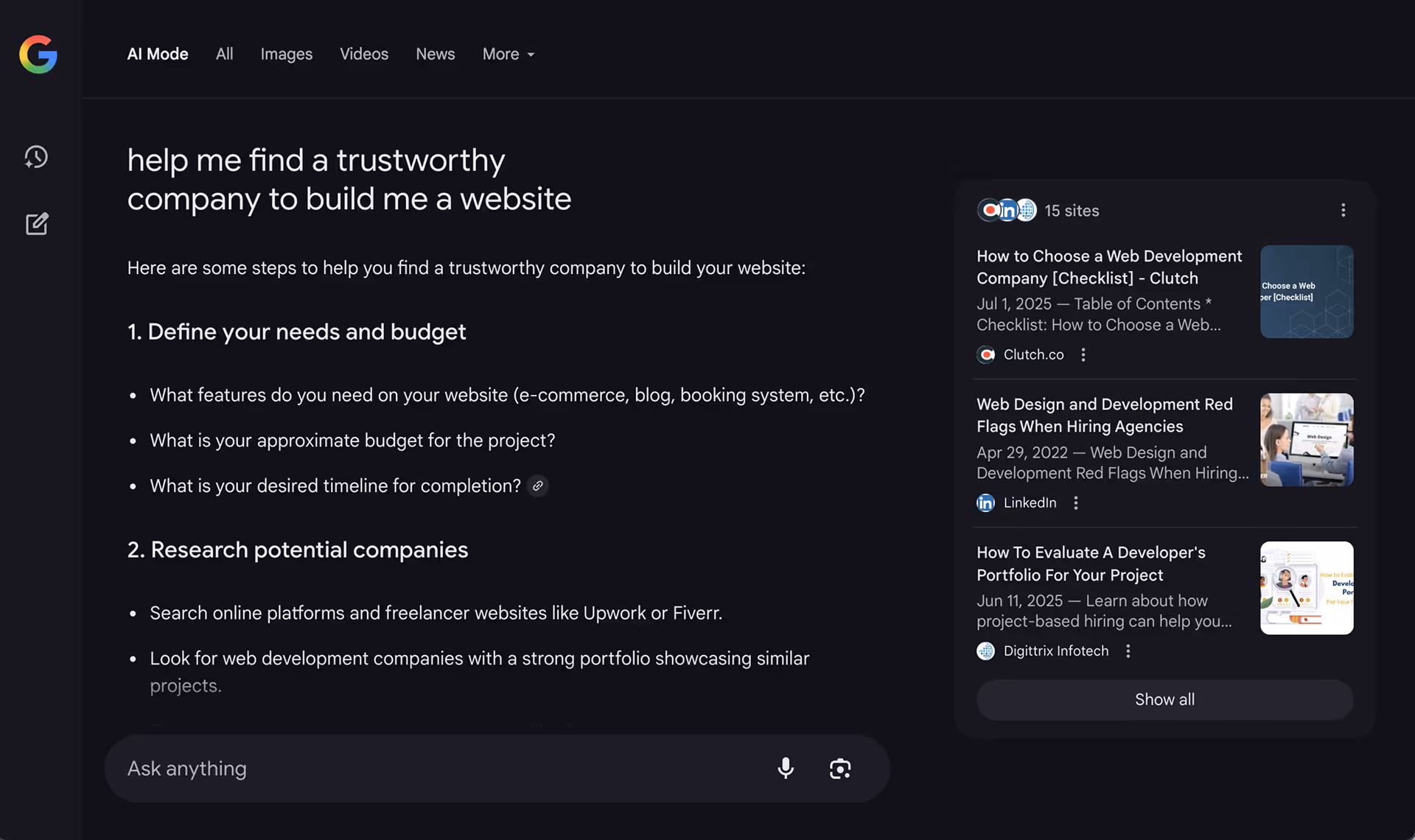 A dark-themed Google search results page for finding a trustworthy company to build a website, with tips and suggested articles.