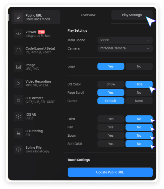 Panneau Webflow de play setting