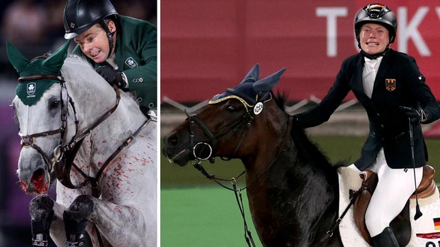Cian O’Connor och Kilkenny under den individuella hoppfinalen och Annika Schleu på hästen Saint Boy.