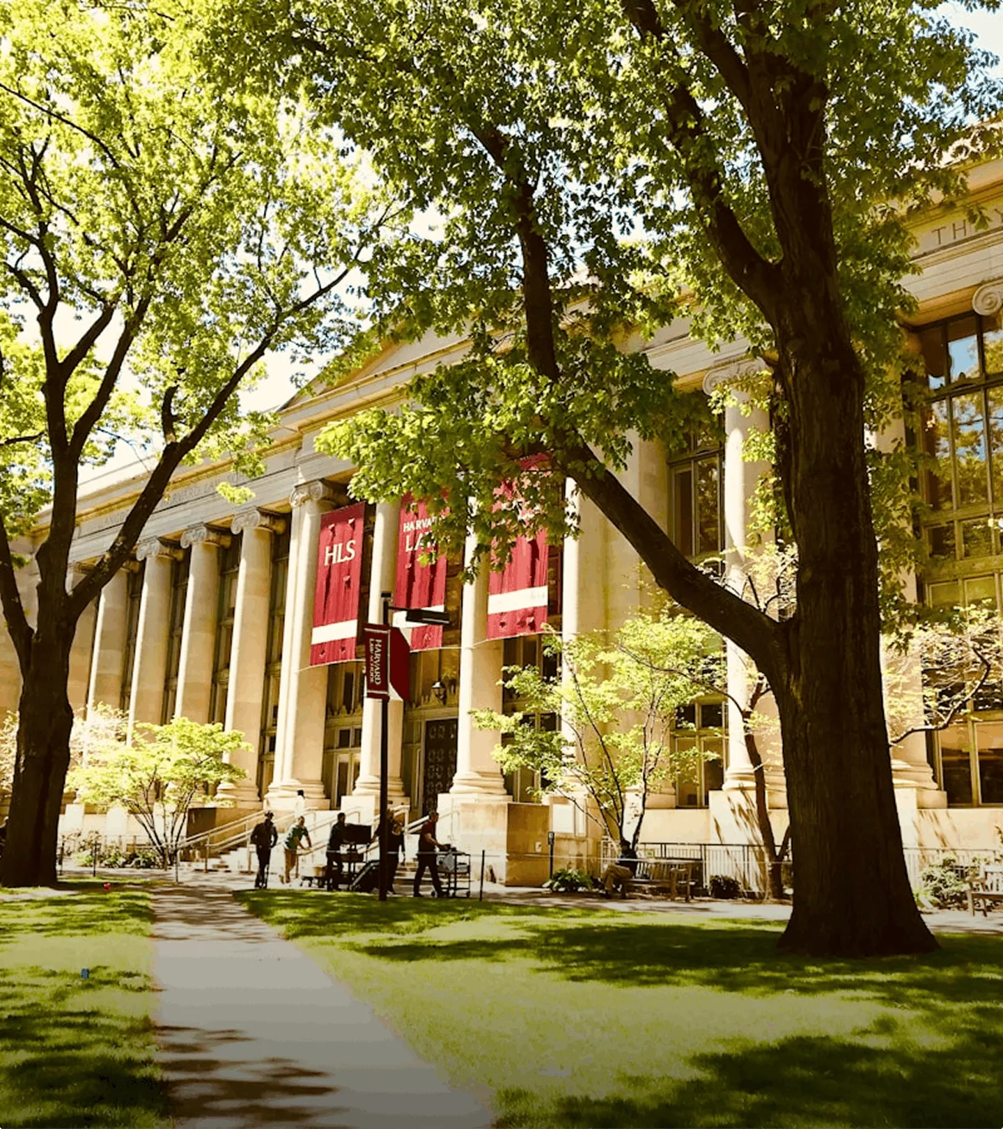 Harvard Law School building with tall columns and red banners, surrounded by green trees and lawn.