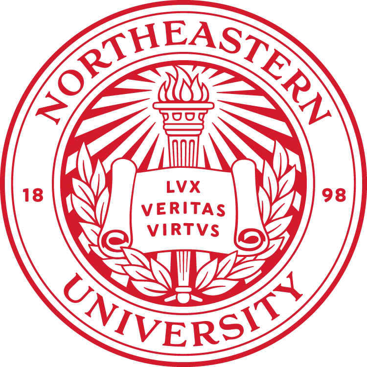 Northeastern University seal with a torch and Latin words Lux Veritas Virtus.