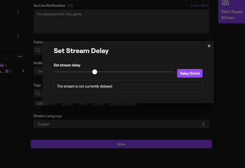 twitch - set stream delay