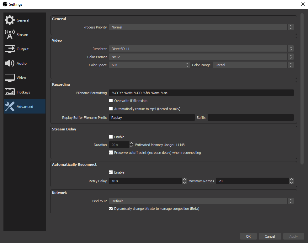 OBS stream delay settings