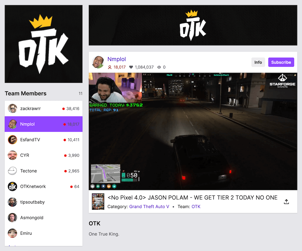 twitch teams - OTK landing page