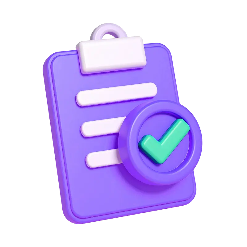 A purple 3D clipboard with three white lines and a large blue-green checkmark in a circle on the bottom right