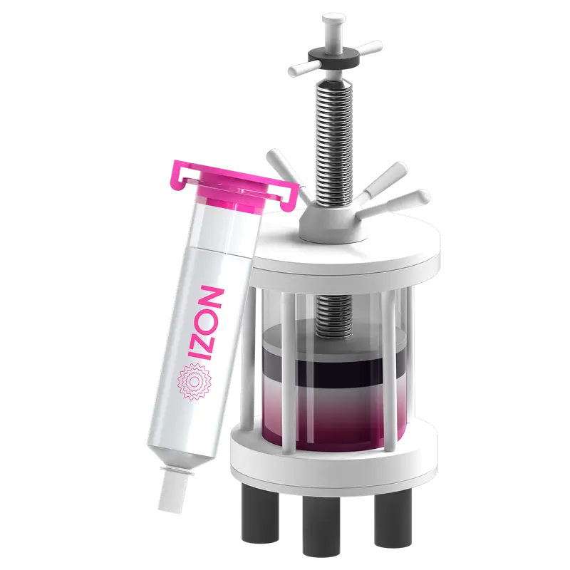 A syringe labeled "IZON" with pink accents is poised next to a cylindrical device.