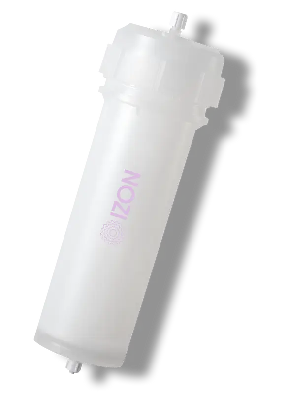 Translucent white cylindrical filter with a hexagonal top and bottom, labeled "IZON" in purple