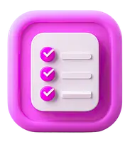 3D icon of a checklist with three pink checkmarks on a white square, set against a vibrant pink rounded square background.
