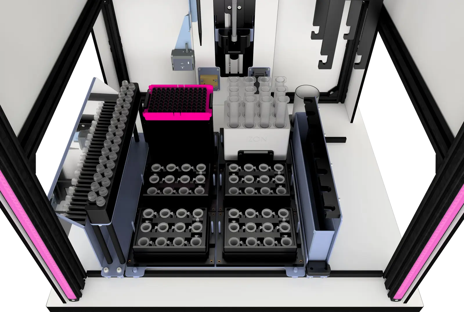 A laboratory automation system with rows of test tube racks, trays, and various containers in a sleek, organized arrangement.
