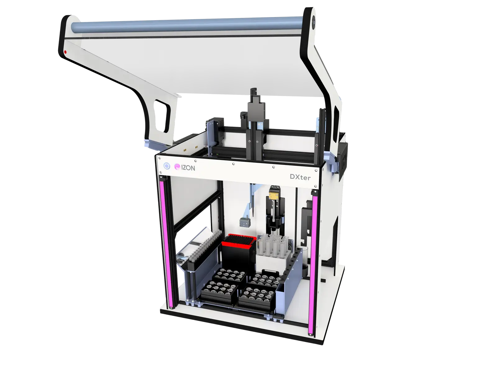 A laboratory device with an open top and robotic components. It has trays for test tubes and containers.